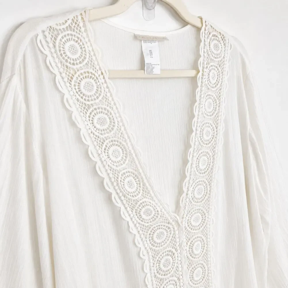 La Blanca Sheer Cotton Gauze Swim Cover‎ Up Dress Crochet White L Beach Boho